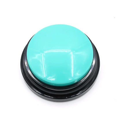 Turquoise button with black rim on a white background