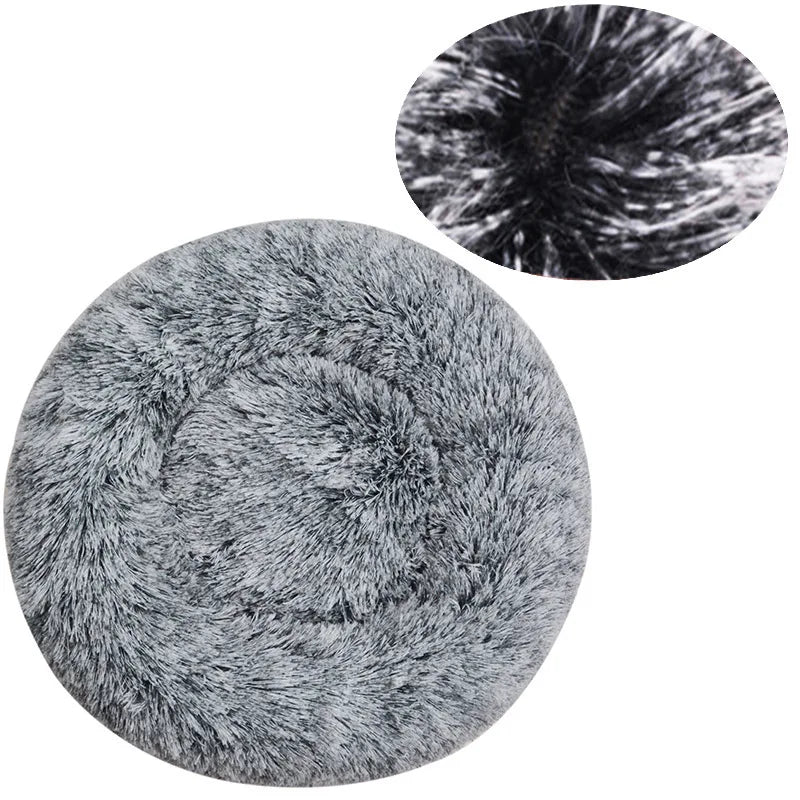 Round gray plush rug with close-up inset on a white background