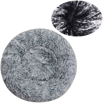 Round gray plush rug with close-up inset on a white background