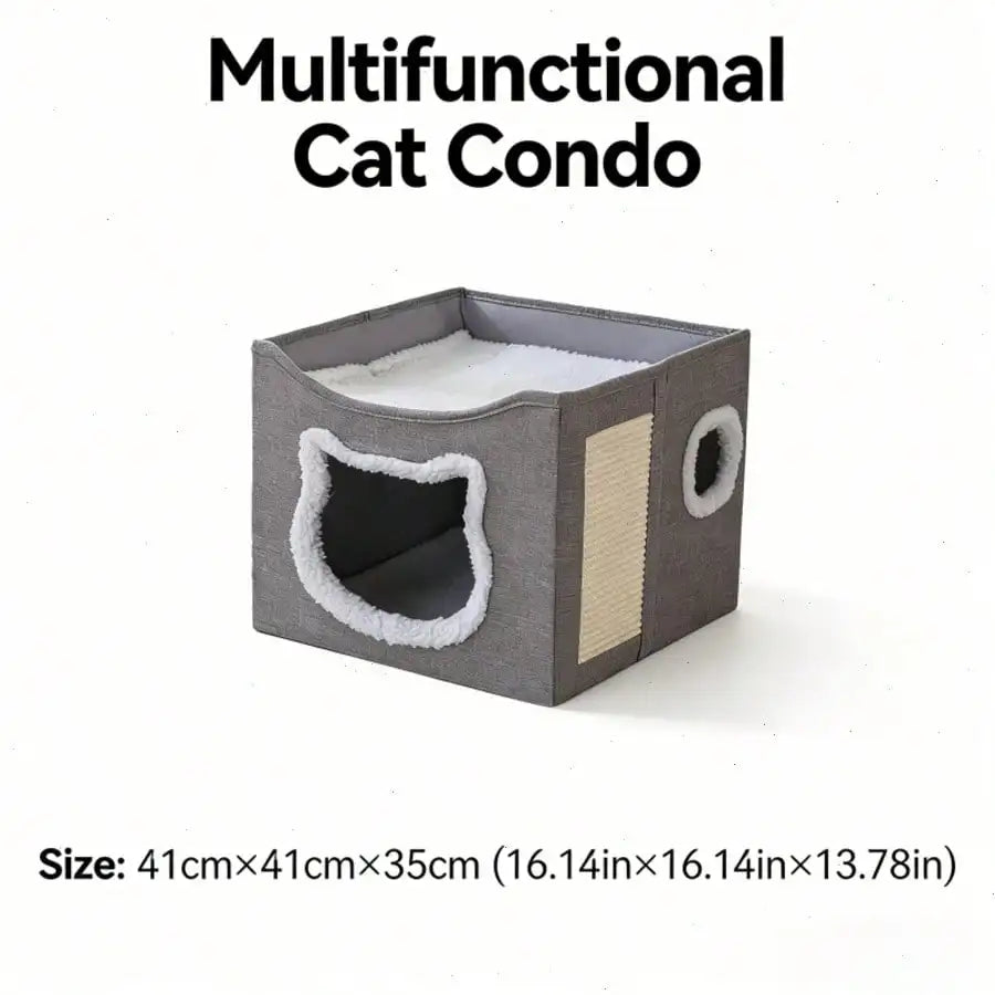 Multifunctional cat condo with text indicating size and product name.