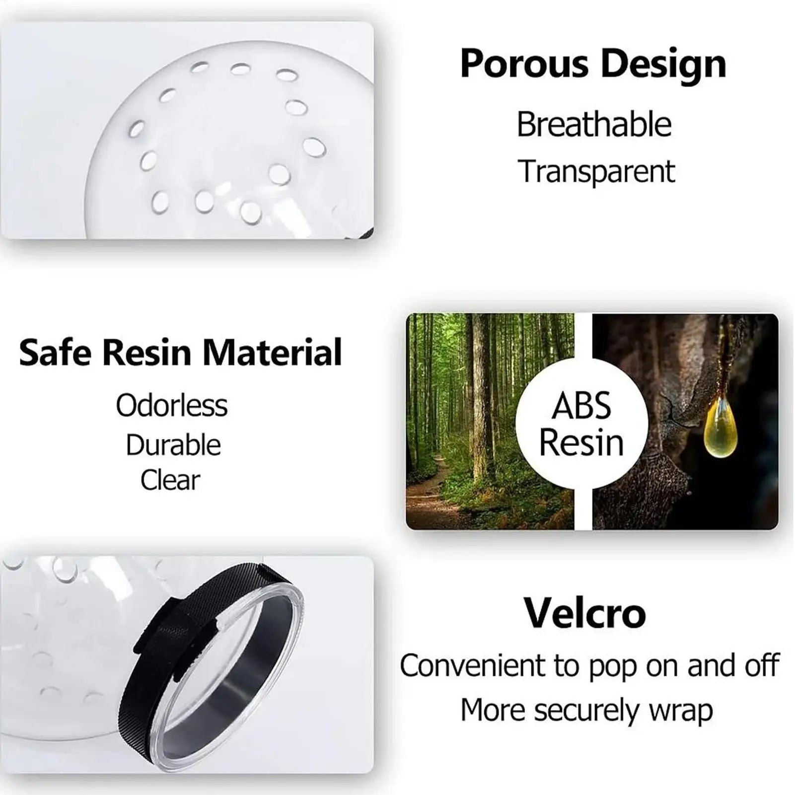 Product features including porous design, safe resin material, and Velcro attachment on a white background.