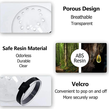 Product features including porous design, safe resin material, and Velcro attachment on a white background.