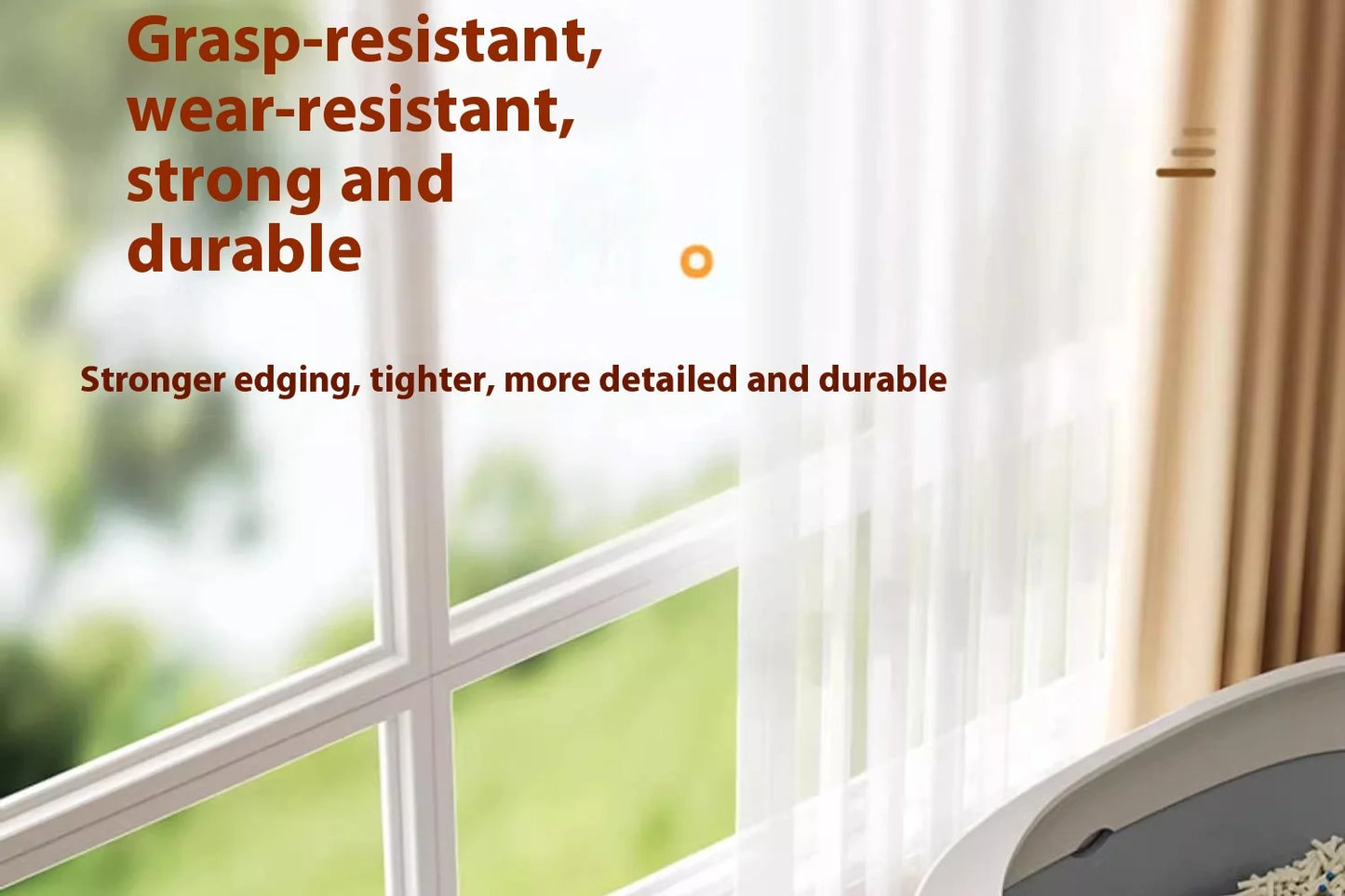 Window with white frame and curtains, text about product properties.