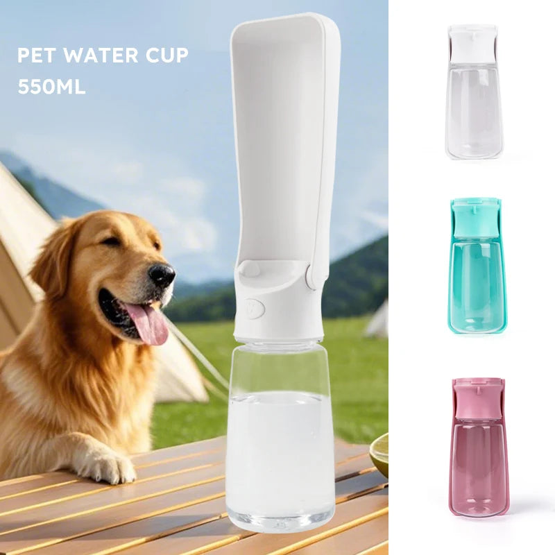 Pet water cup with a dog outdoors, showing different color options.