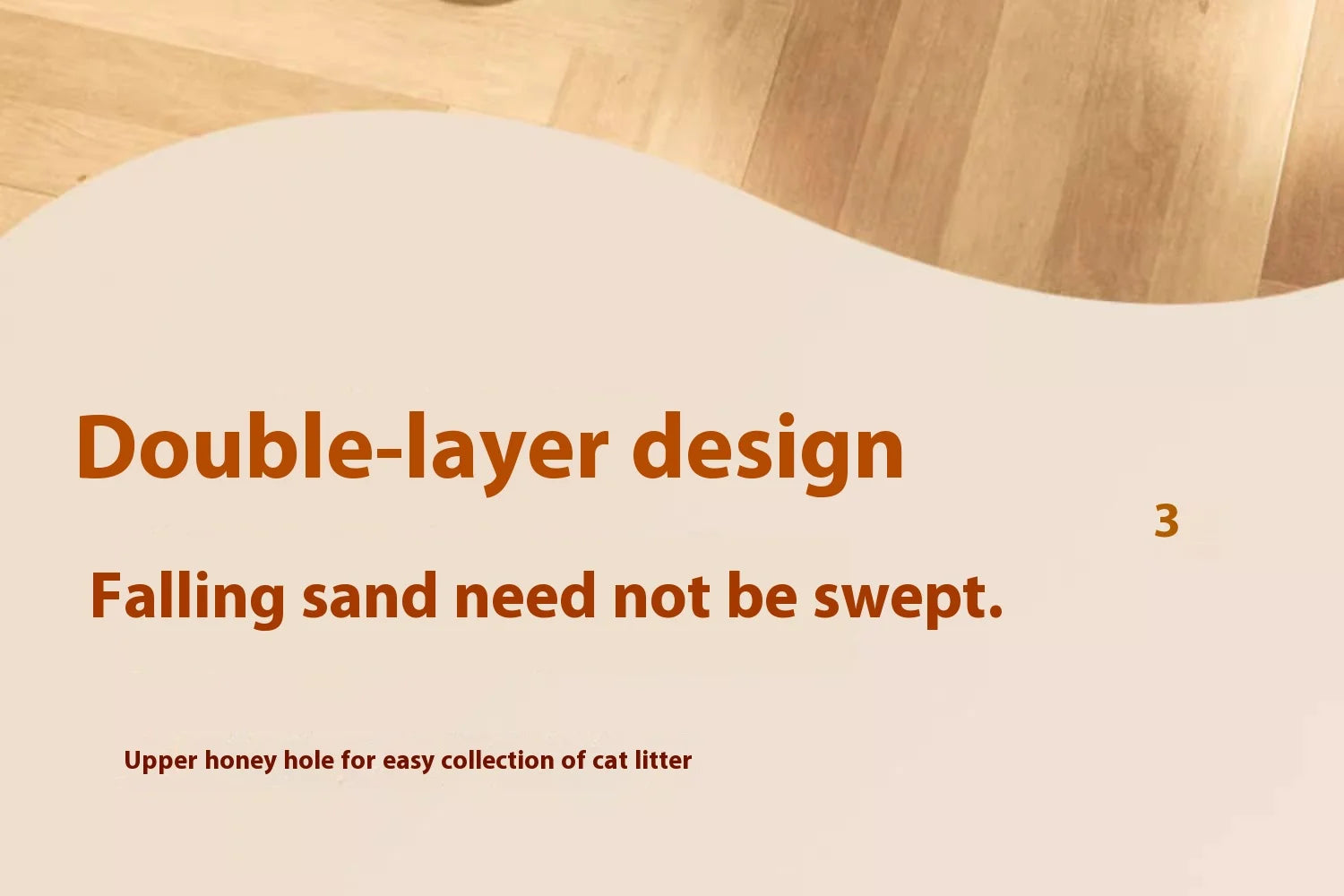 Text on a beige background with 'Double-layer design' and 'Falling sand need not be swept.'