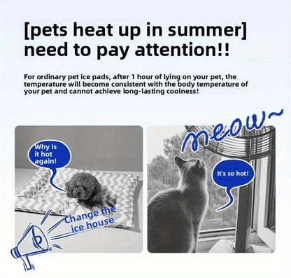 Advertisement for pet ice pads showing a dog and cat with speech bubbles indicating discomfort due to heat.