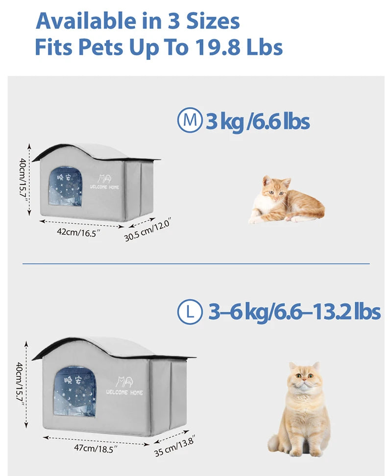 Pet product with size chart and cat illustrations on a white background
