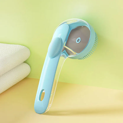 Blue pet grooming brush on a yellow surface with a green background