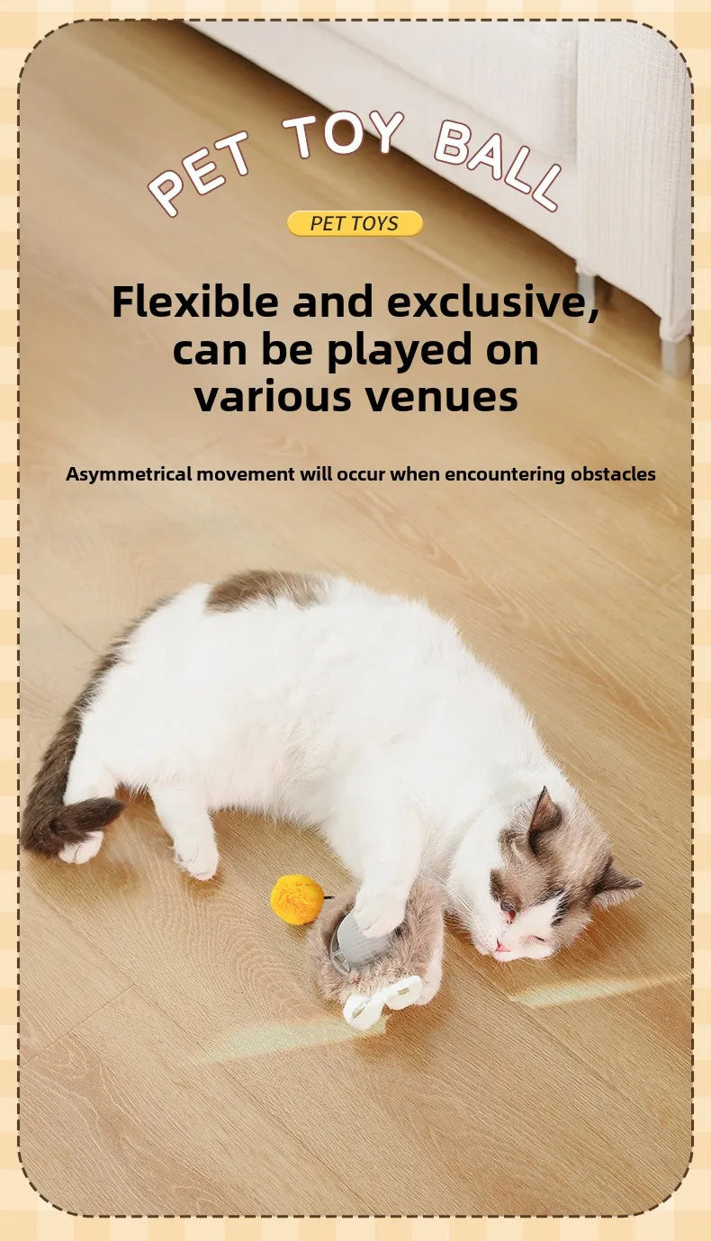 Two cats playing with a toy ball on a wooden floor.
