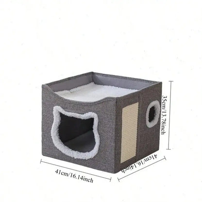 Gray pet house with dimensions on a white background