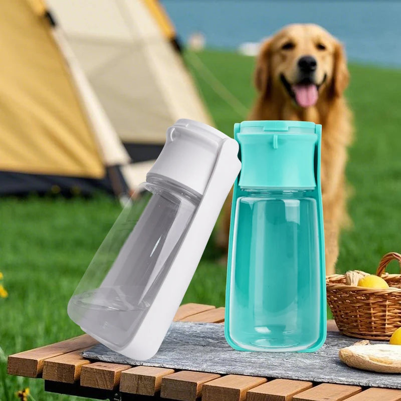 Two water bottles on a picnic table with a dog in the background at a campsite.