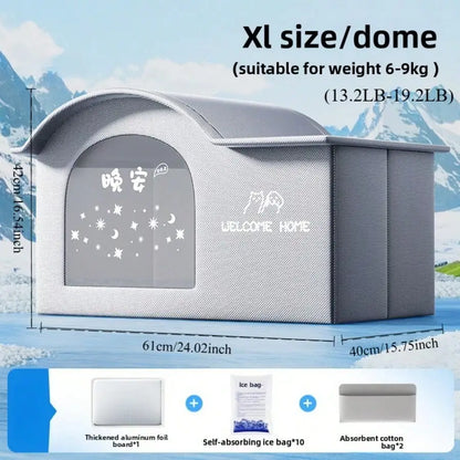 Gray pet bed with measurements and product details on a mountain background