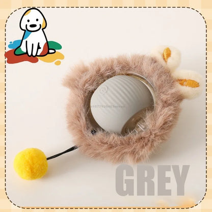 Cat toy with fluffy gray ball and yellow pom-pom on a beige background