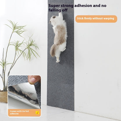 Cat climbing a textured wall with text about adhesive strength and a close-up of the adhesive.