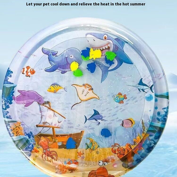 Inflatable pool toy with ocean-themed design featuring various sea creatures on a blue background.