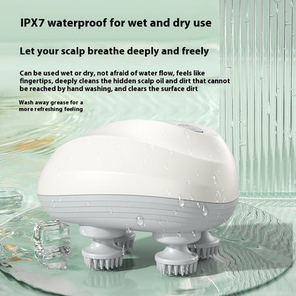 White scalp cleaning device with text about IPX7 waterproof feature on a light green background