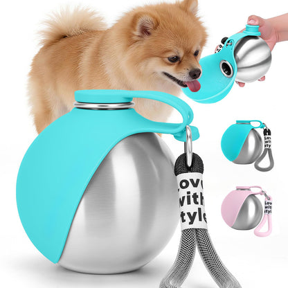 Pet water bottle with a dog drinking from it, featuring turquoise and silver design.