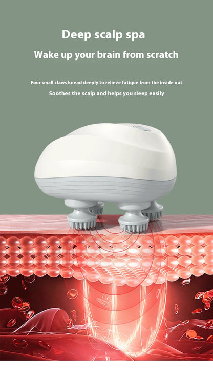 White scalp massager with text on a green background