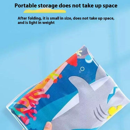 Colorful shark-themed portable storage item on a blue background with text about its features.