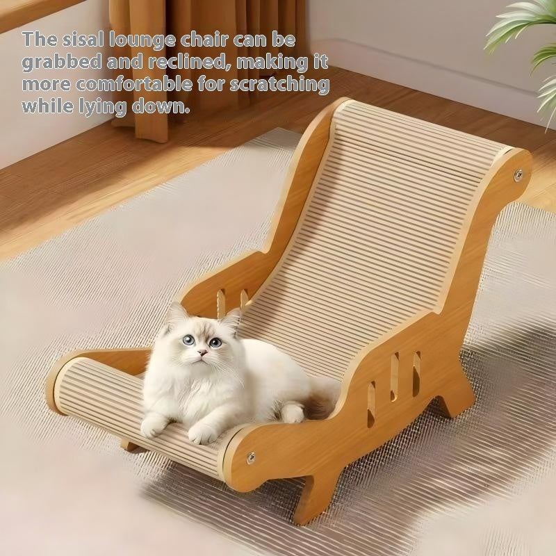Cat lounging on a wooden and sisal-wrapped lounge chair.