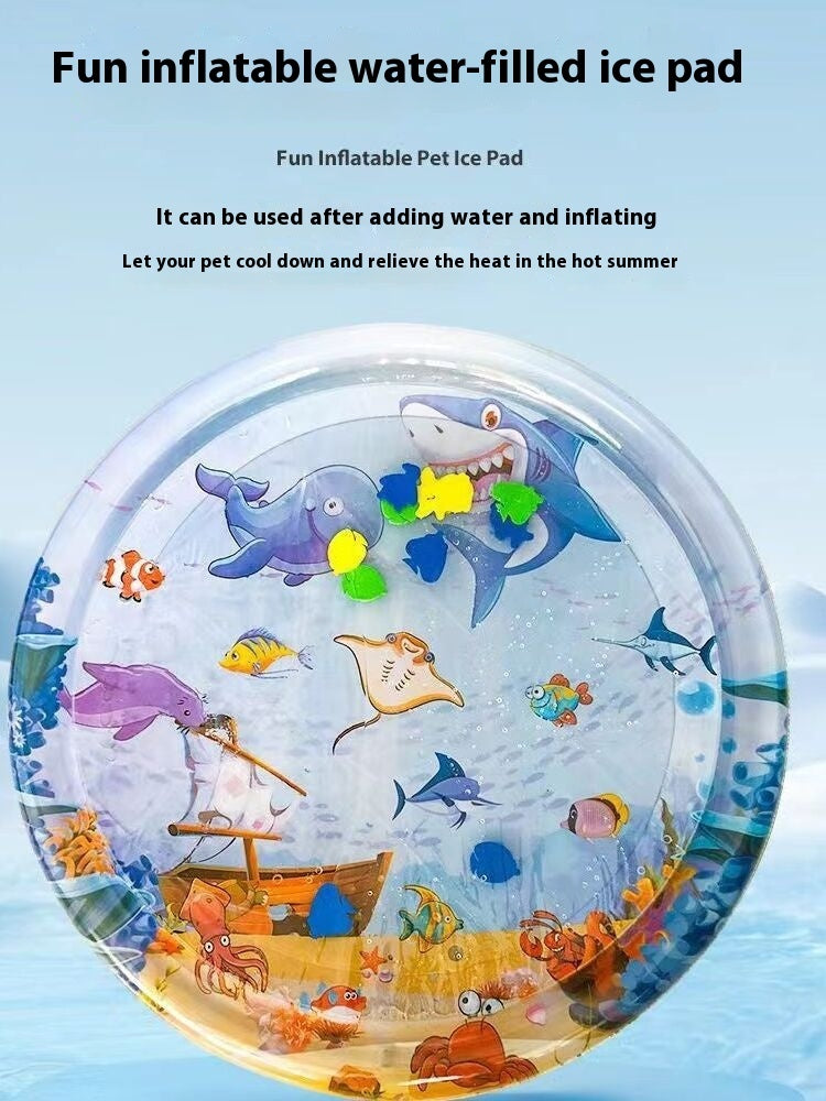 Inflatable water-filled ice pad with underwater animal designs on a blue background
