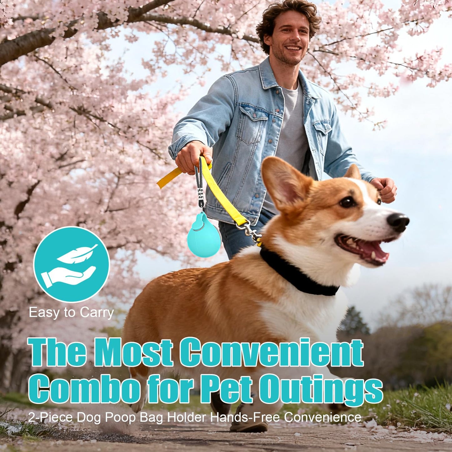 Man walking a dog with a poop bag holder under cherry blossom trees