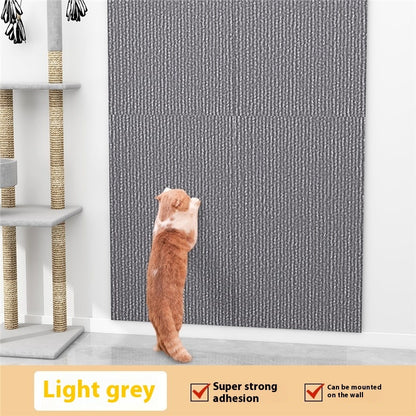 Light grey textured wall panel with a cat standing on a surface in front of it, next to a cat tree.