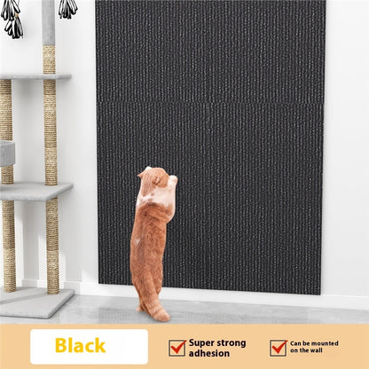 Dog looking at a black textured wall panel with a cat tree in the background