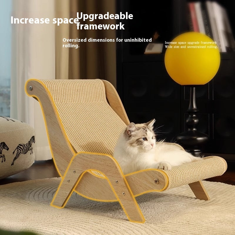 Cat lounging on a cardboard lounge chair with text about space increase and upgradeable framework.