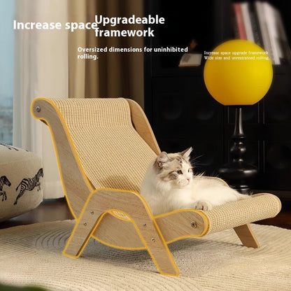 Cat lounging on a cardboard lounge chair with text about space increase and upgradeable framework.