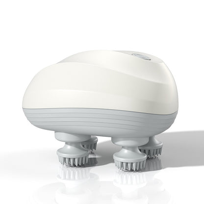 White handheld device with multiple bristle heads on a white background