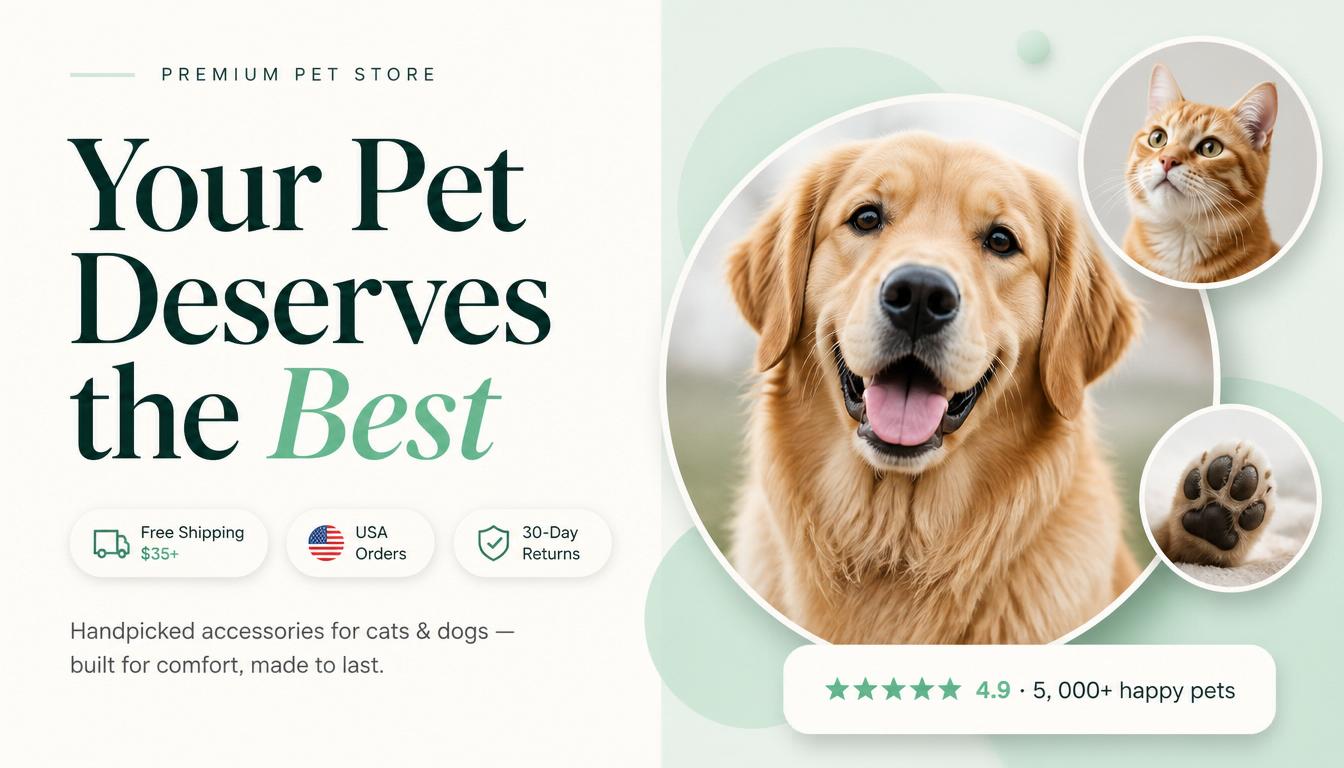 Advertisement for a premium pet store with a dog and cat, and text about pet accessories.