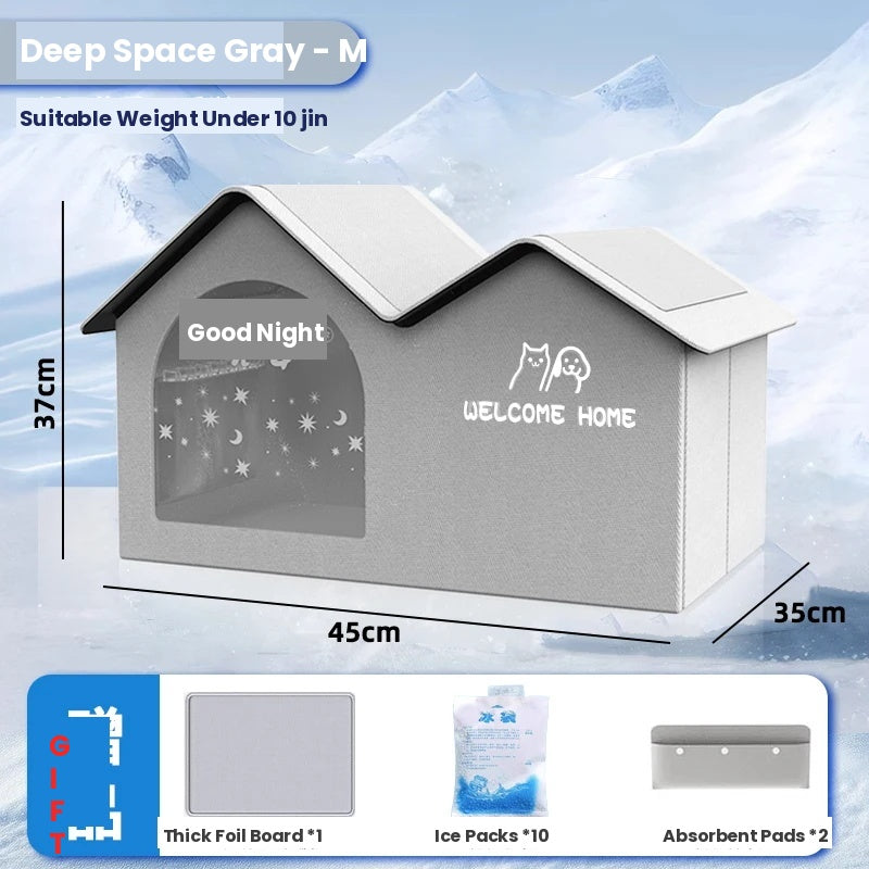 Deep Space Gray Medium A-frame pet house with star-moon window, 45x35x37cm, includes foil board, ice packs, and absorbent pads as free gifts
