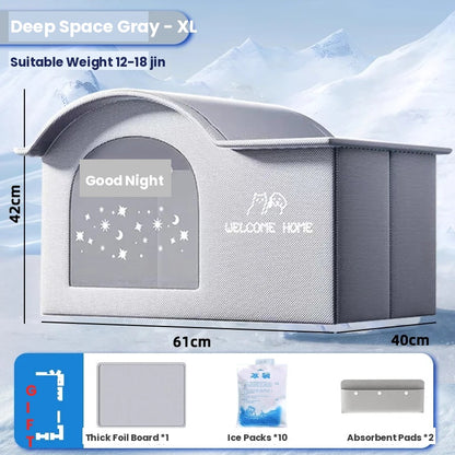 Deep Space Gray XL dome pet house with star-moon window, 61x40x42cm, includes foil board, ice packs, and absorbent pads as free gifts
