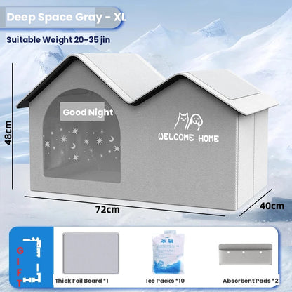 Deep Space Gray XL A-frame pet house with star-moon window, 72x40x48cm, includes foil board, ice packs, and absorbent pads as free gifts